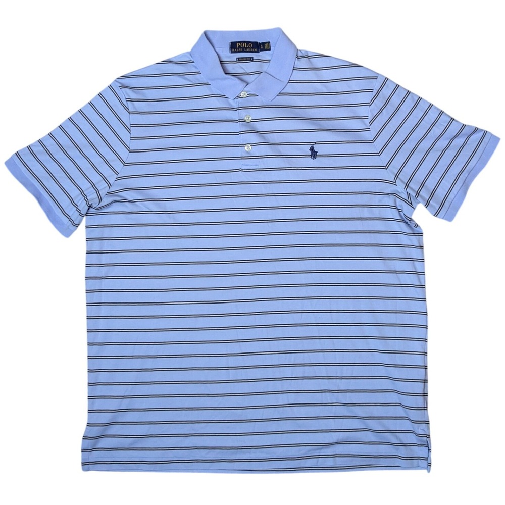Polo Ralph Lauren Preppy Logo Blue Striped Shirt Sleeve‎ Polo Shirt Men's Large